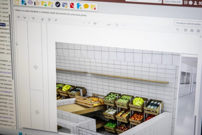Imagem de um projeto de mercado municipal. Imagem mostra box com caixotes de verduras e frutas