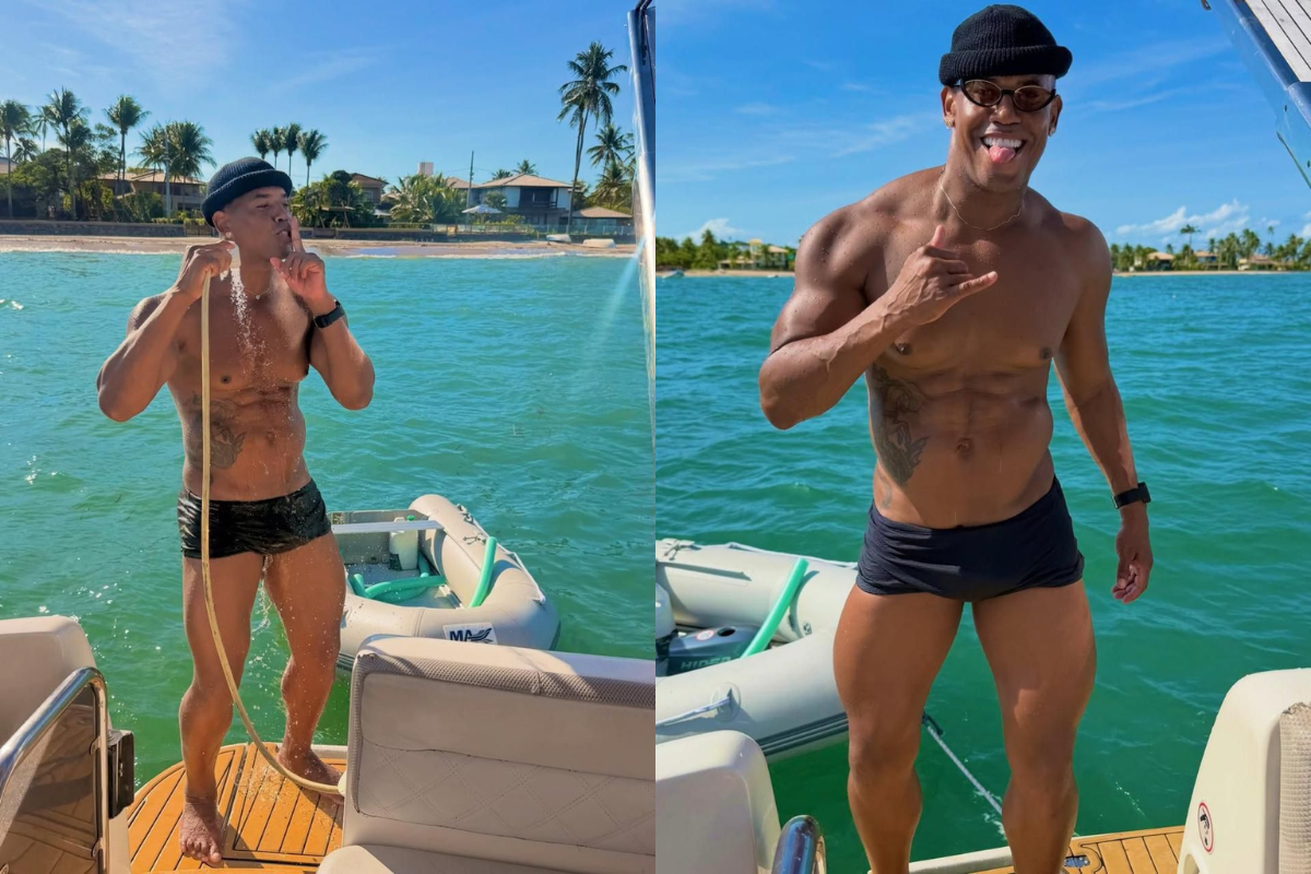 De sunga, Flavinho do Pagod’art movimenta redes durante passeio de lancha