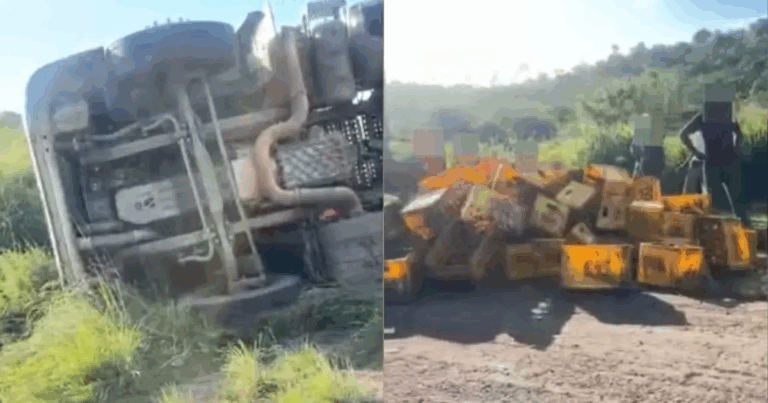 Caminhão carregado de cerveja tomba na BR-101 e carga é saqueada na…
