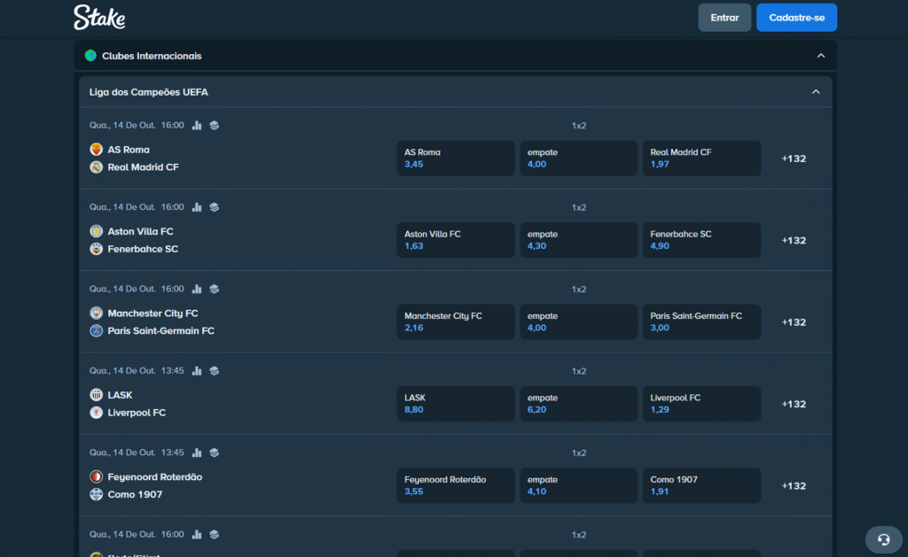 Página de apostas esportivas da Stake