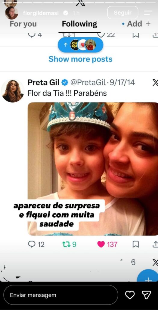 Preta Gil abraça Flor Gil ainda criança em publicação de 2014 no X.