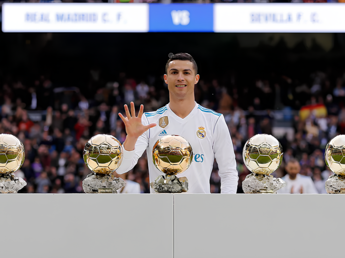 Cristiano Ronaldo posa com cinco prêmios da Bola de Ouro