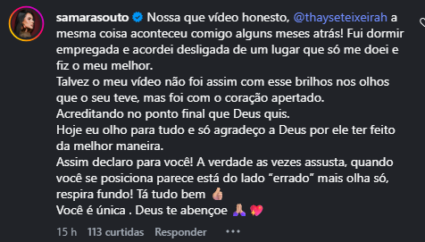 Comentário de Samara Souto em publicação de Thayse Teixeira sobre demissão do SBT.